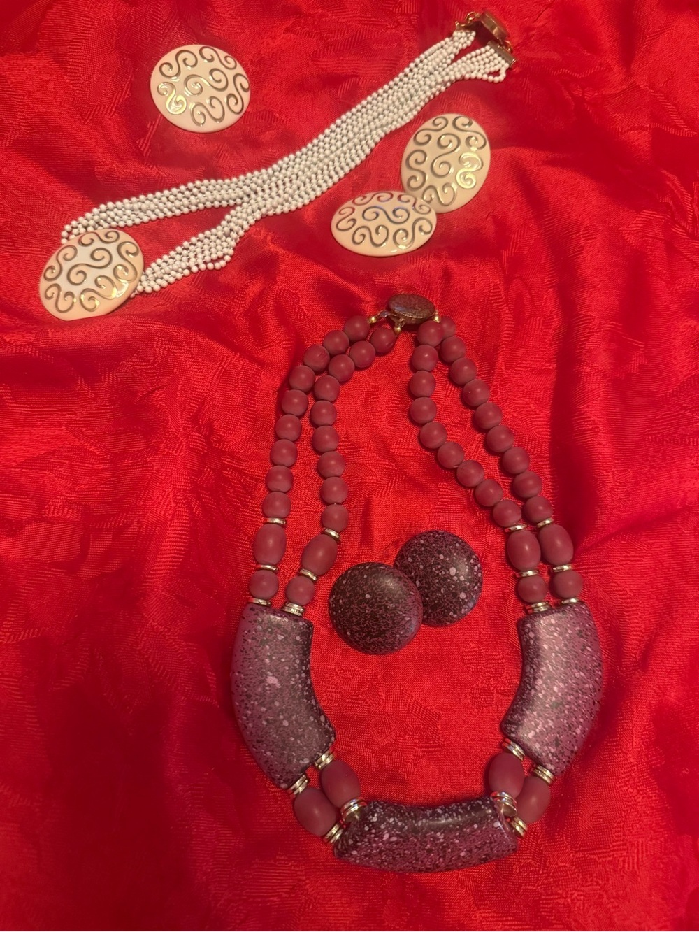 Vintage Mauve Bead Statement Necklace and Earring Set & trio beige